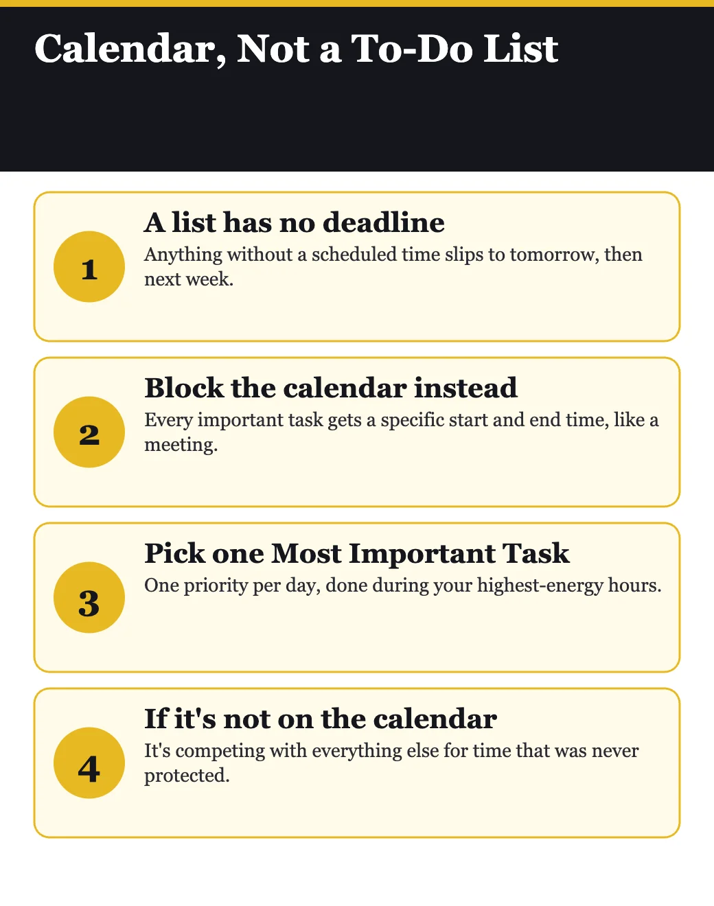 Calendar not to-do list infographic, from 15 Secrets Successful People Know About Time Management