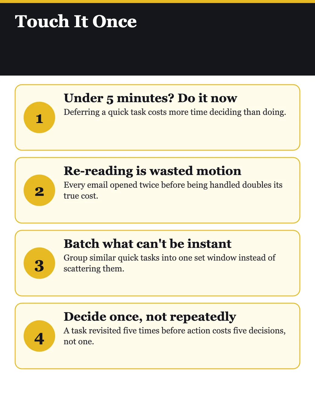 Touch it once infographic, from 15 Secrets Successful People Know About Time Management