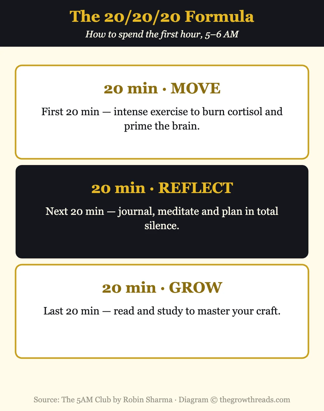 Infographic of the 20/20/20 formula from The 5AM Club: move, reflect, grow