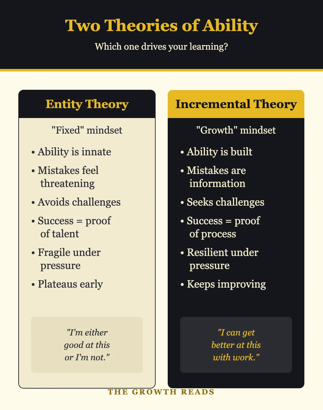 Diagram comparing entity theory and incremental theory of ability from The Art of Learning
