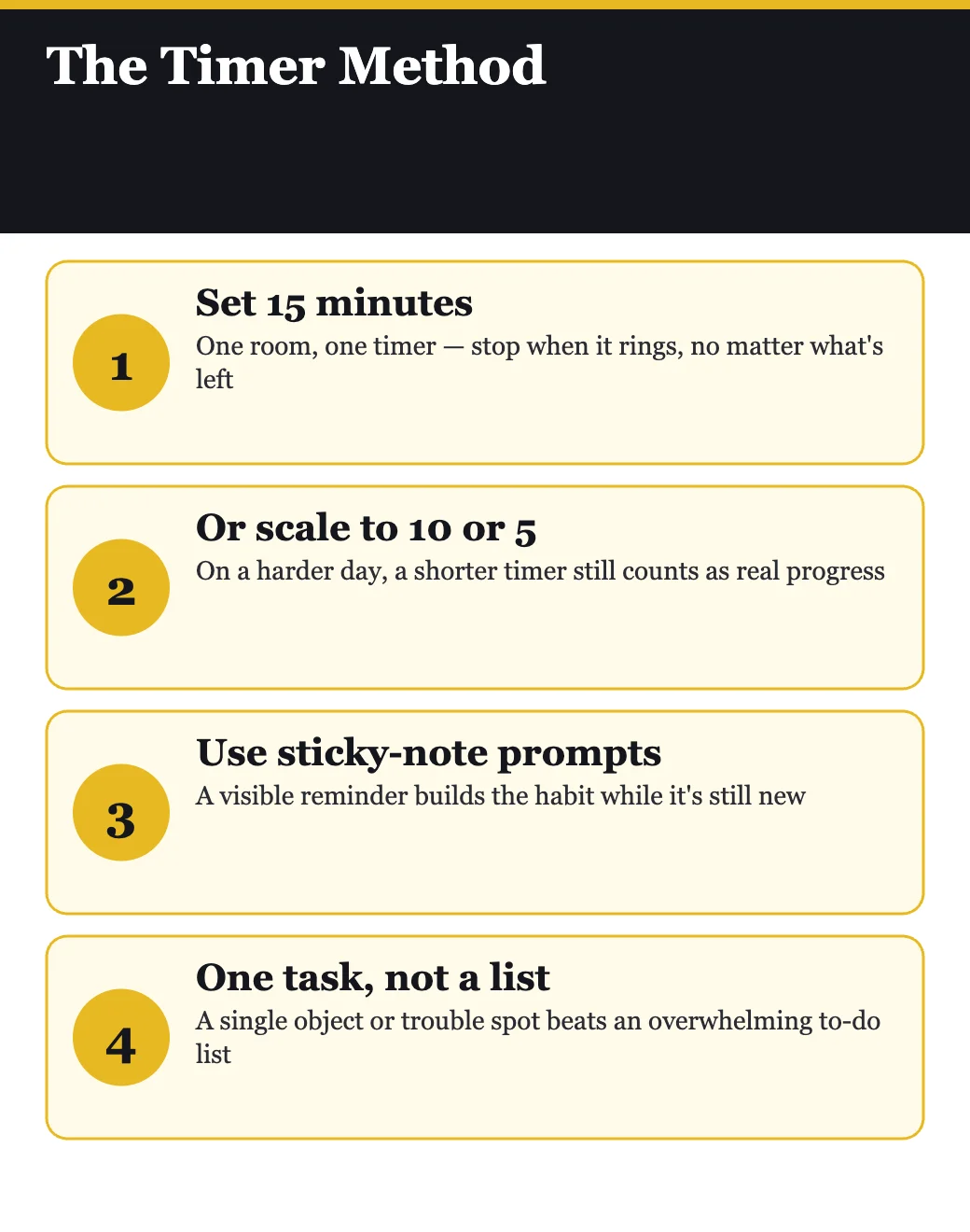 The timer method from The CHAOS Cure by Marla Cilley: 15, 10, or 5 minutes