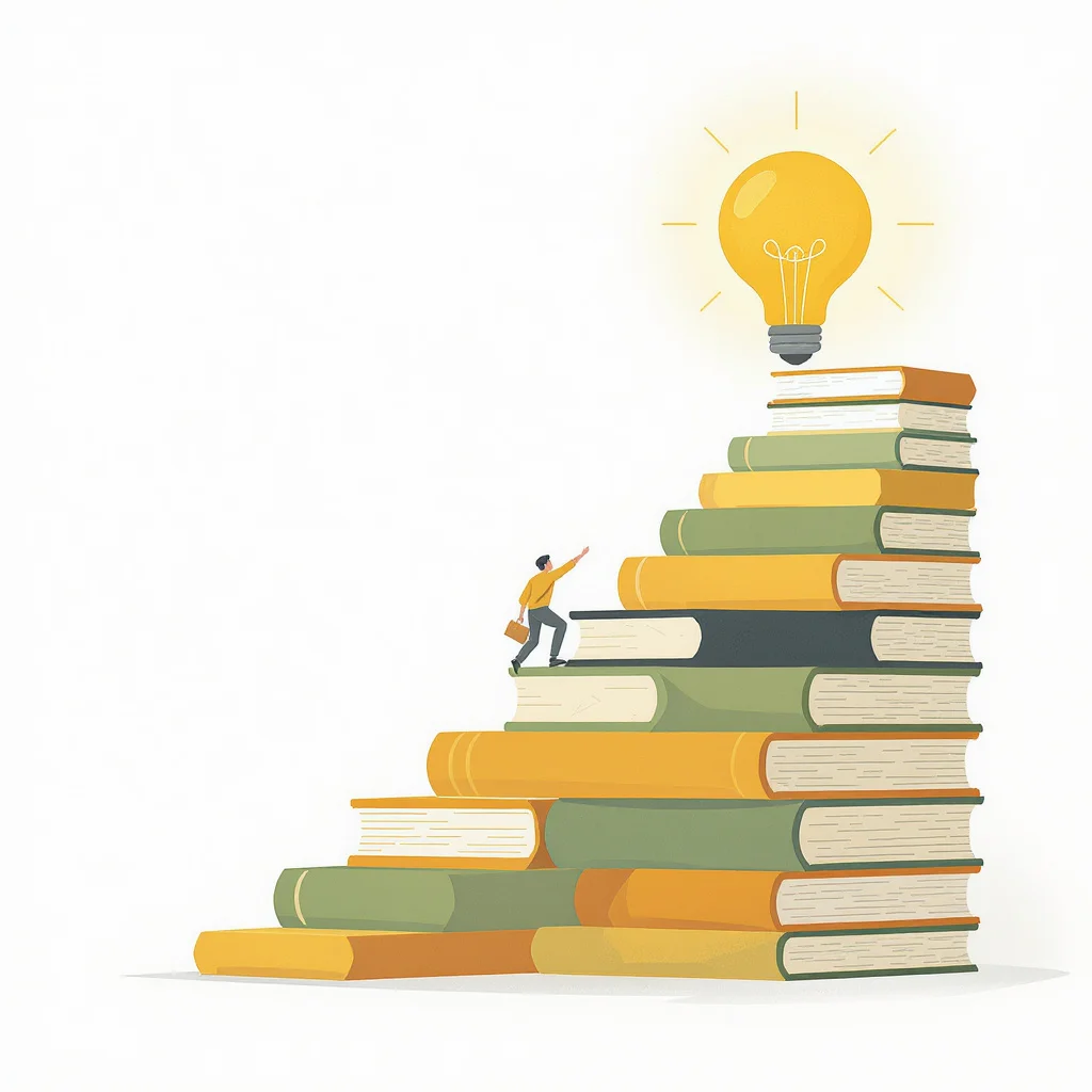 Illustration of a person climbing a staircase of books toward a glowing lightbulb, representing growth through reading