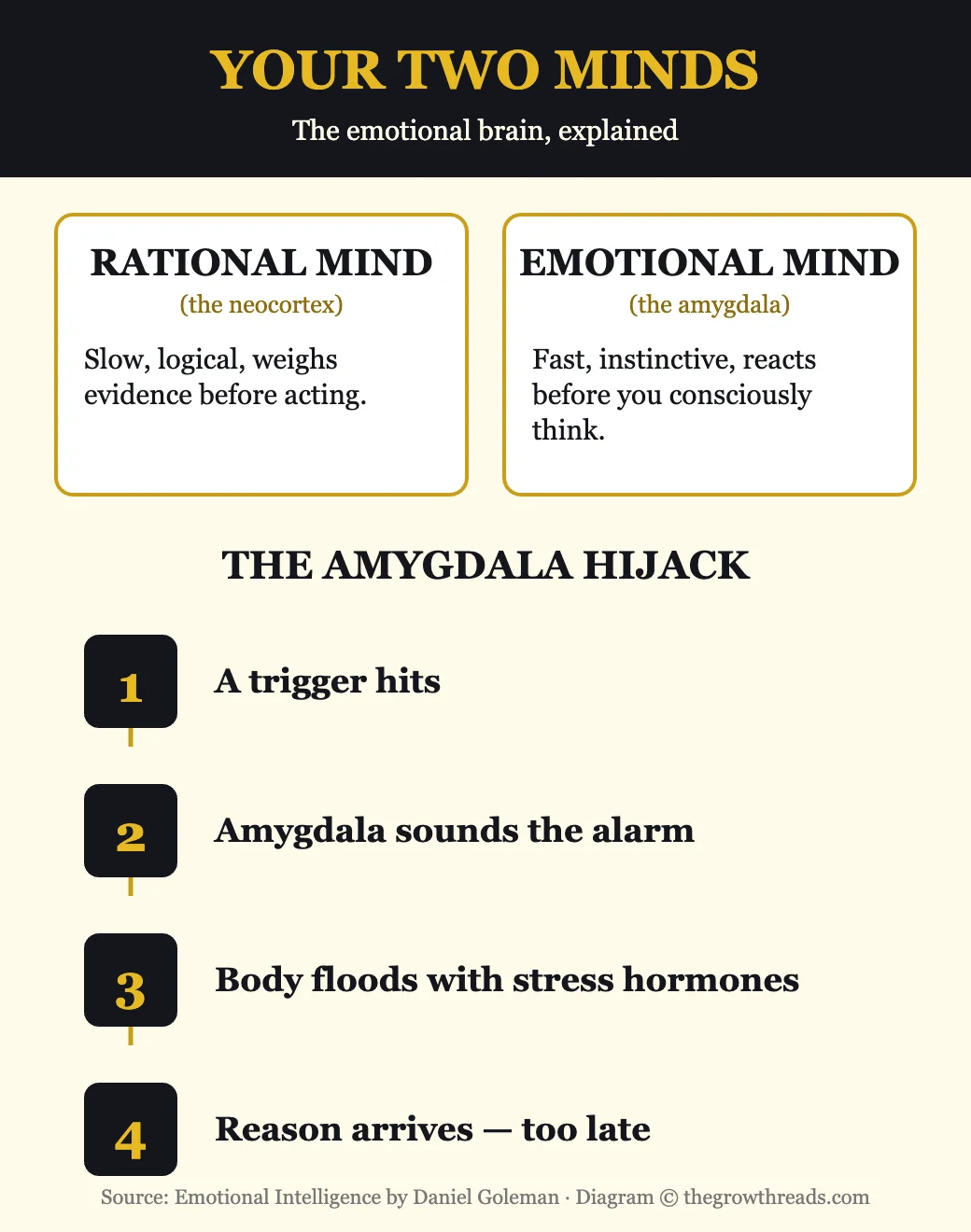 Diagram of the rational mind versus the emotional mind and the four steps of an amygdala hijack