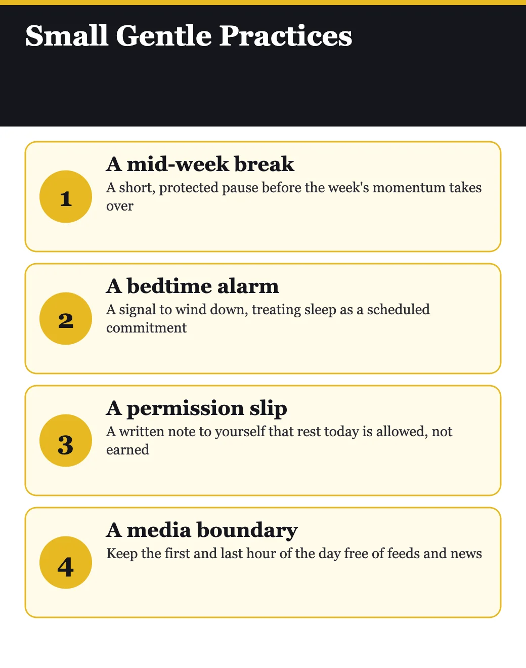 Small gentle practices from Gentle by Courtney Carver: mid-week breaks, bedtime alarms, permission slips, media boundaries