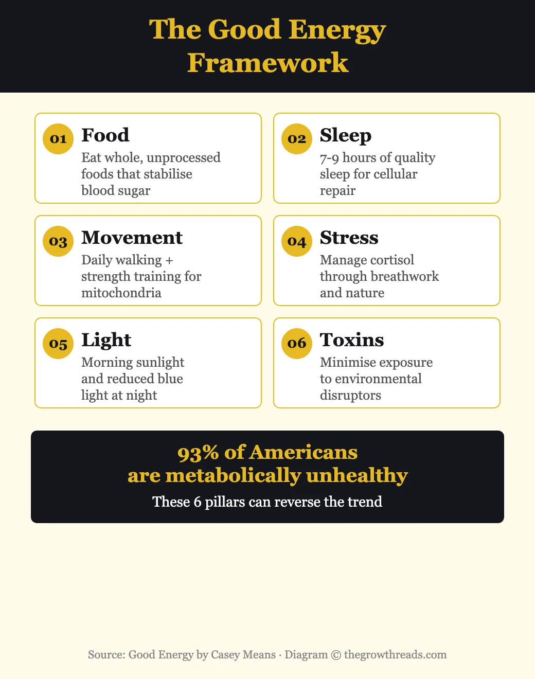 The Good Energy Framework - six pillars of metabolic health: food, sleep, movement, stress, light, and toxins