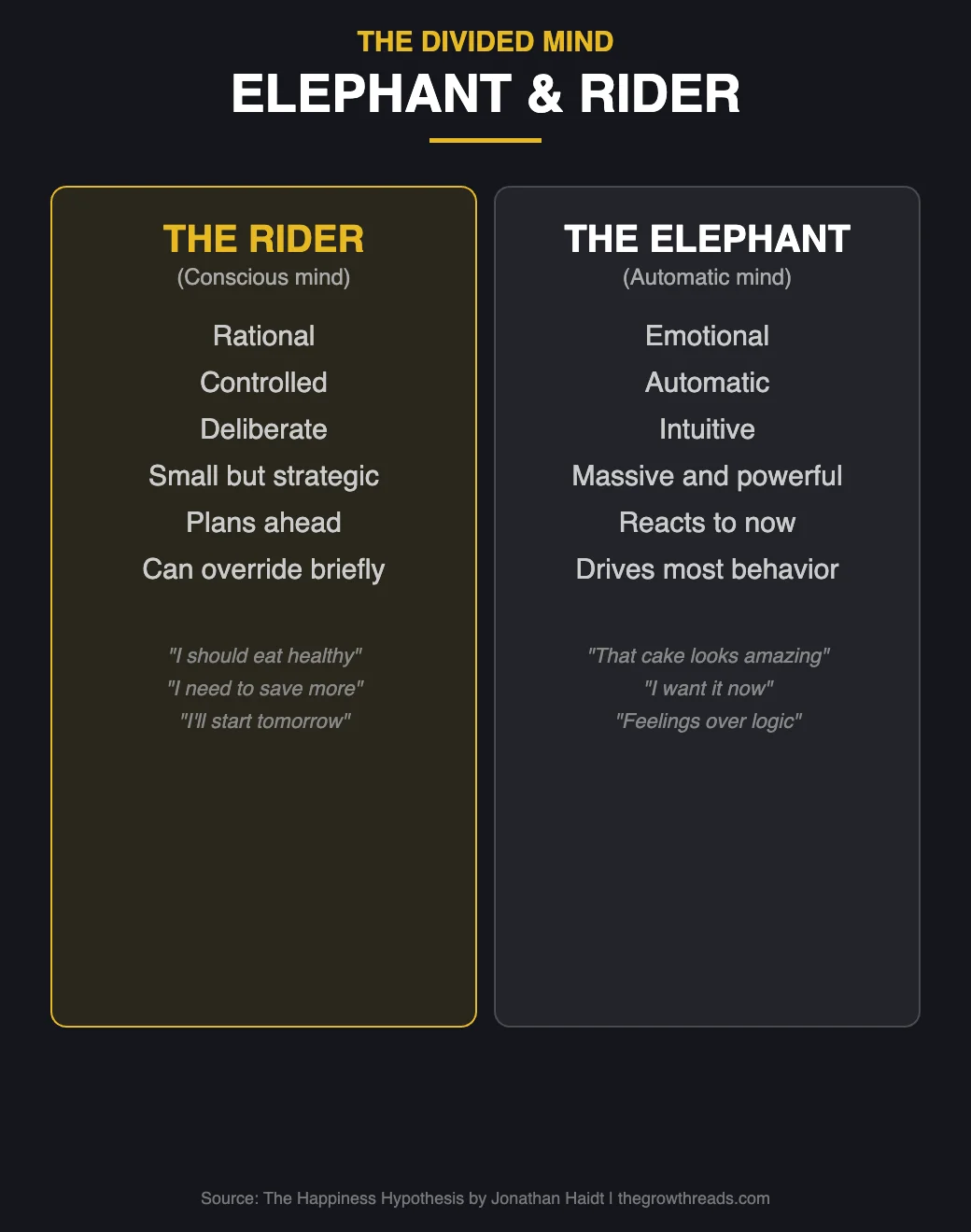 The Elephant and Rider metaphor from The Happiness Hypothesis by Jonathan Haidt