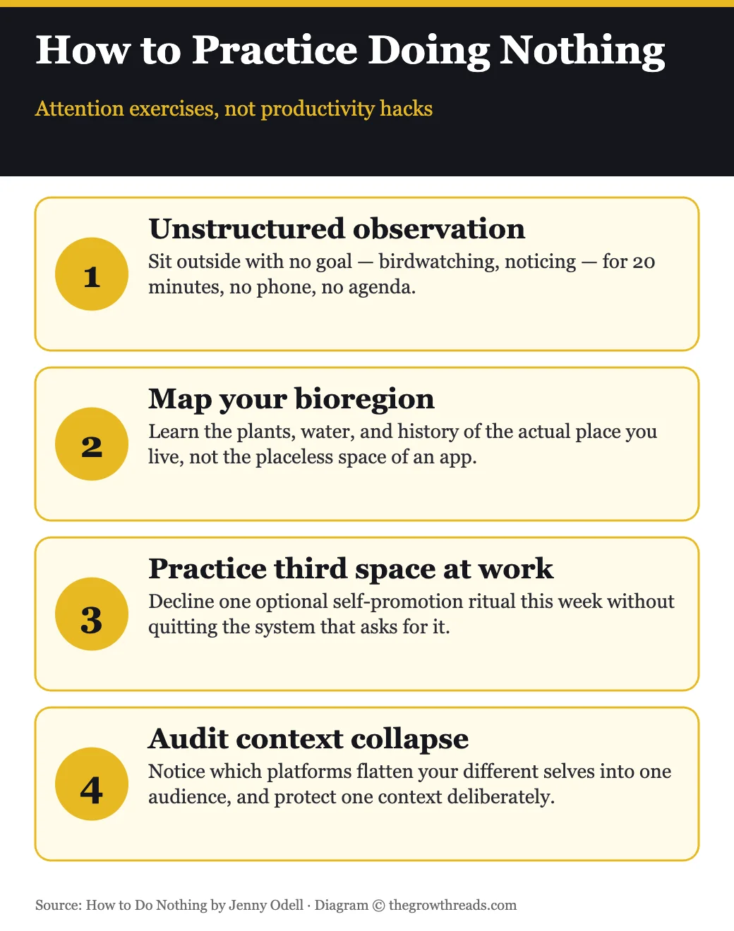 Four practical attention exercises from How to Do Nothing by Jenny Odell