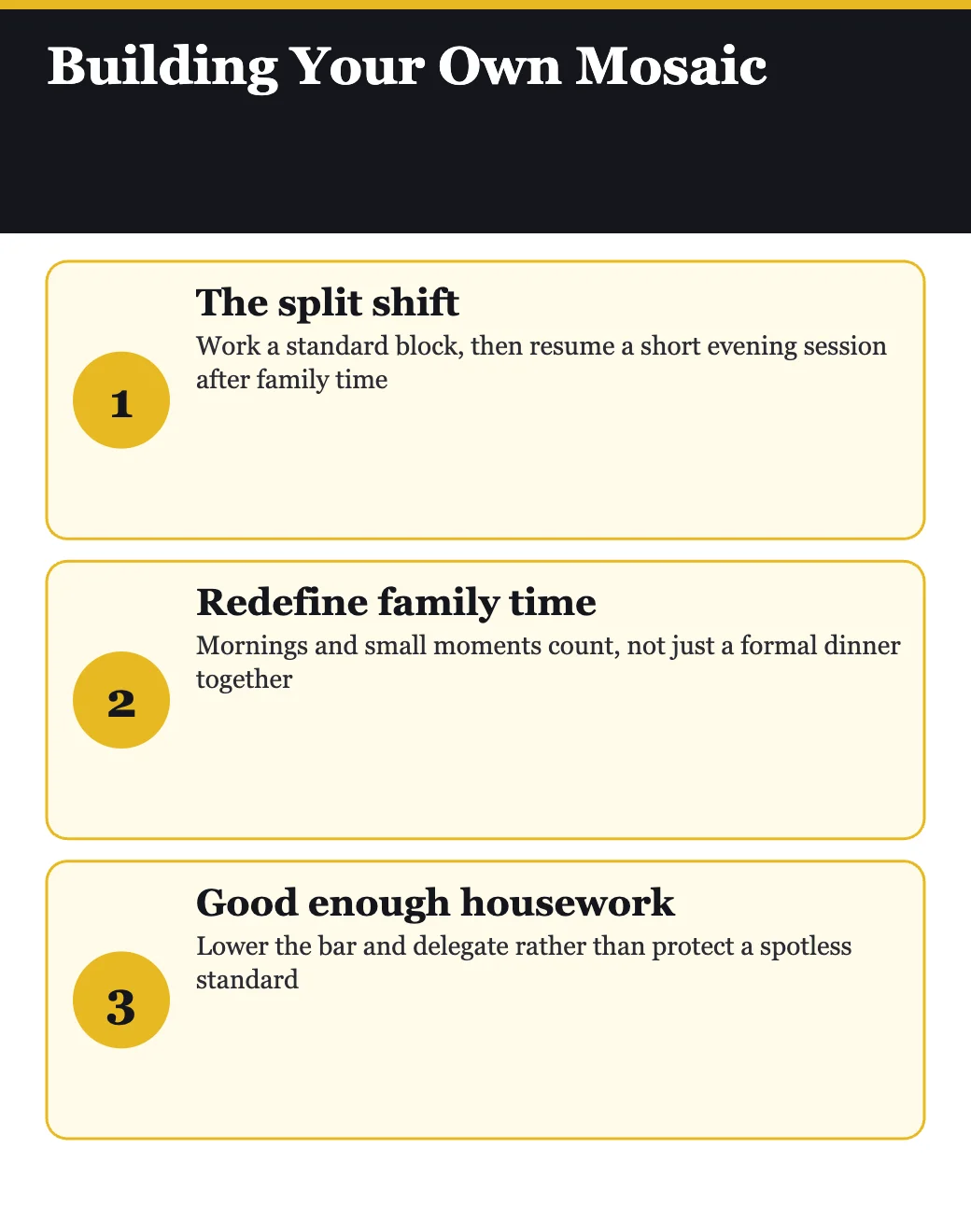 Practical habits for building a weekly time mosaic of work, family, and self