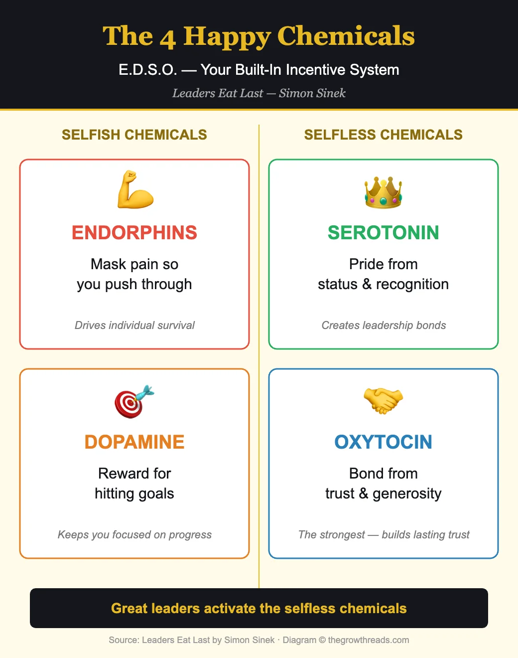 The 4 Happy Chemicals EDSO framework from Leaders Eat Last by Simon Sinek