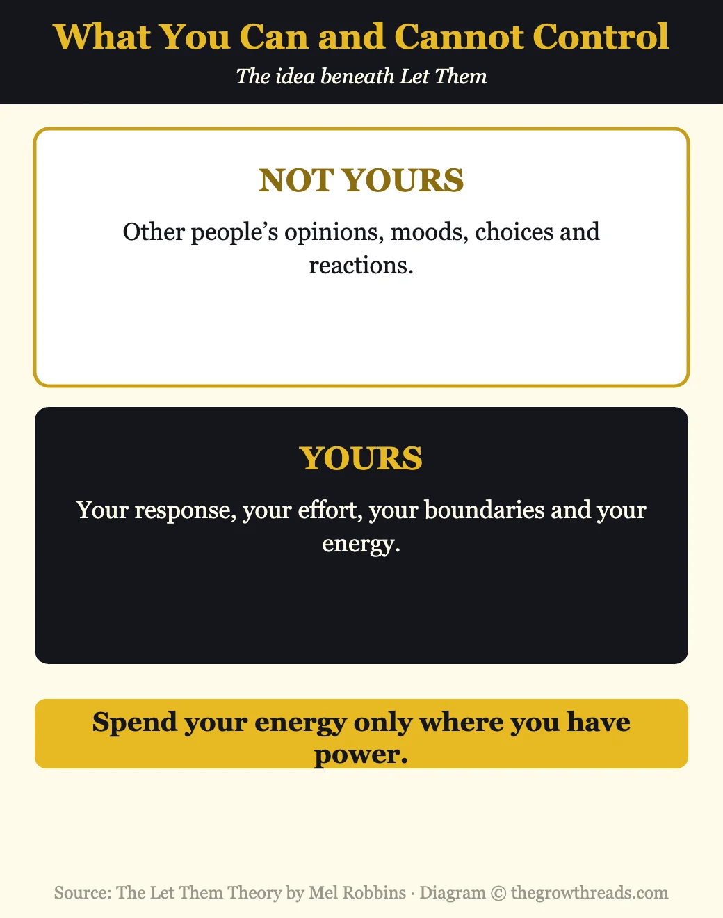 Infographic contrasting what you can and cannot control from The Let Them Theory by Mel Robbins