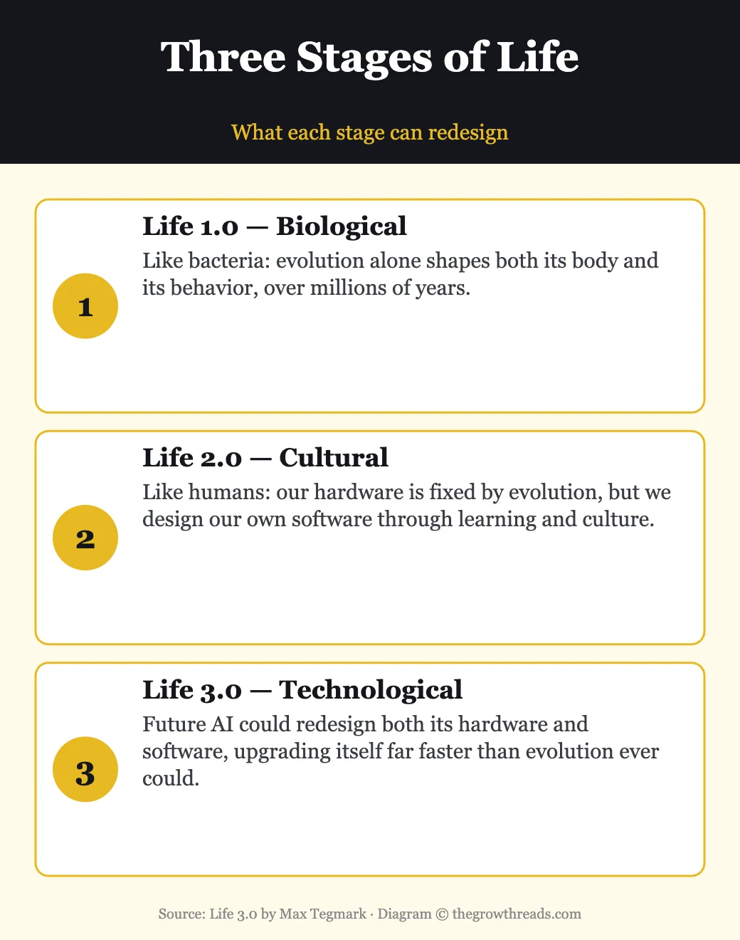 The three stages of life: biological Life 1.0, cultural Life 2.0, and technological Life 3.0
