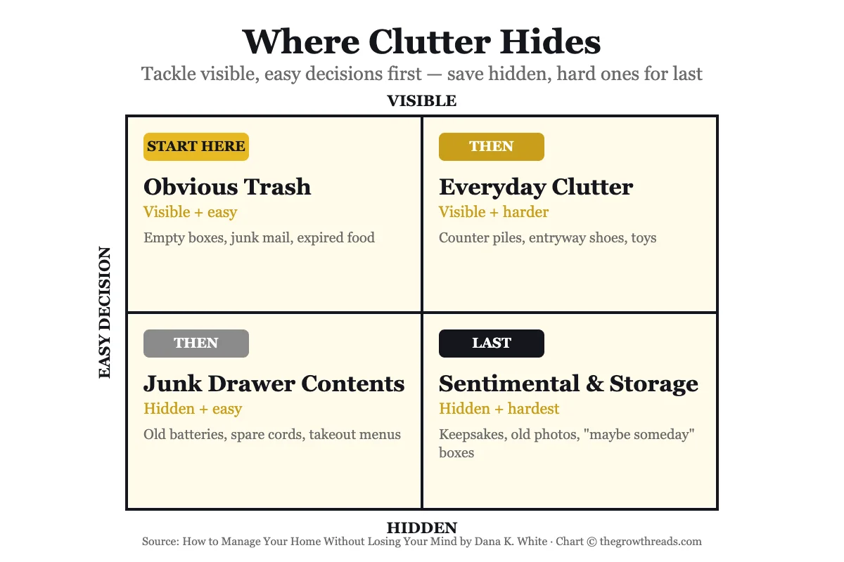 A 2x2 matrix showing where clutter hides by visibility and decision difficulty