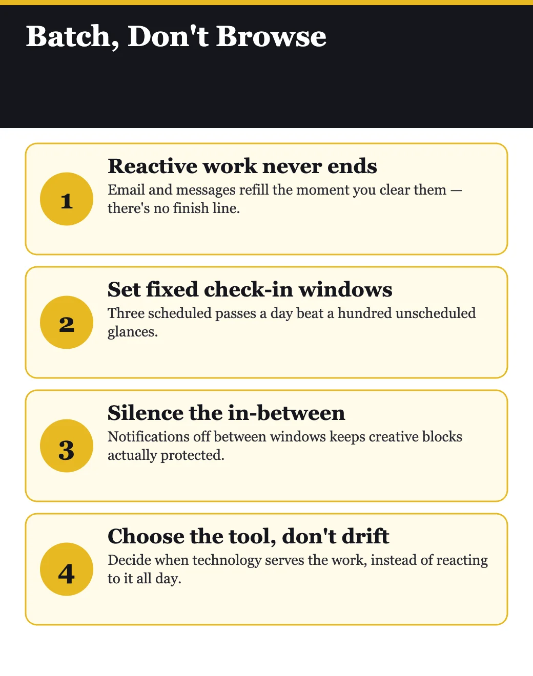 Conscious computing infographic: batch reactive work instead of browsing, from Manage Your Day-to-Day