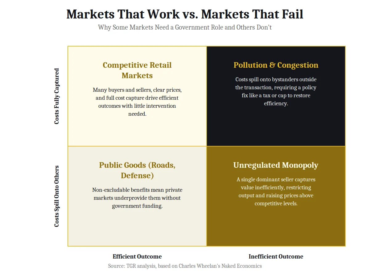 2x2 matrix chart on markets that work versus markets that fail from the book Naked Economics