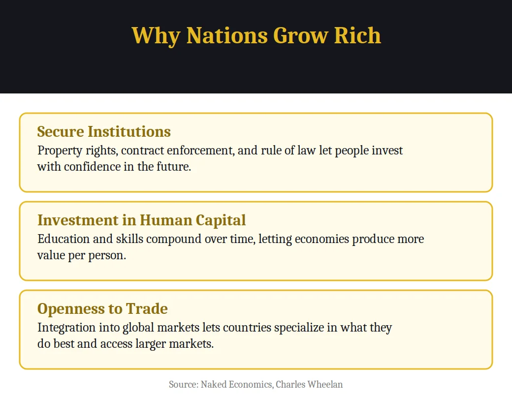 Infographic on why nations grow rich from the book Naked Economics