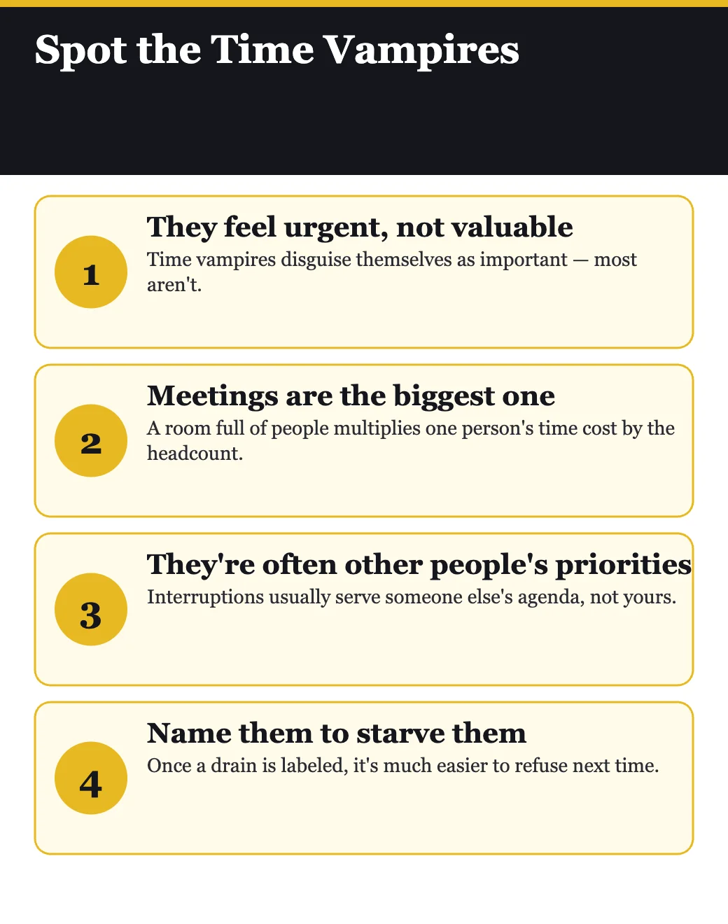 Time vampires infographic: what's draining your day, from No B.S. Time Management for Entrepreneurs