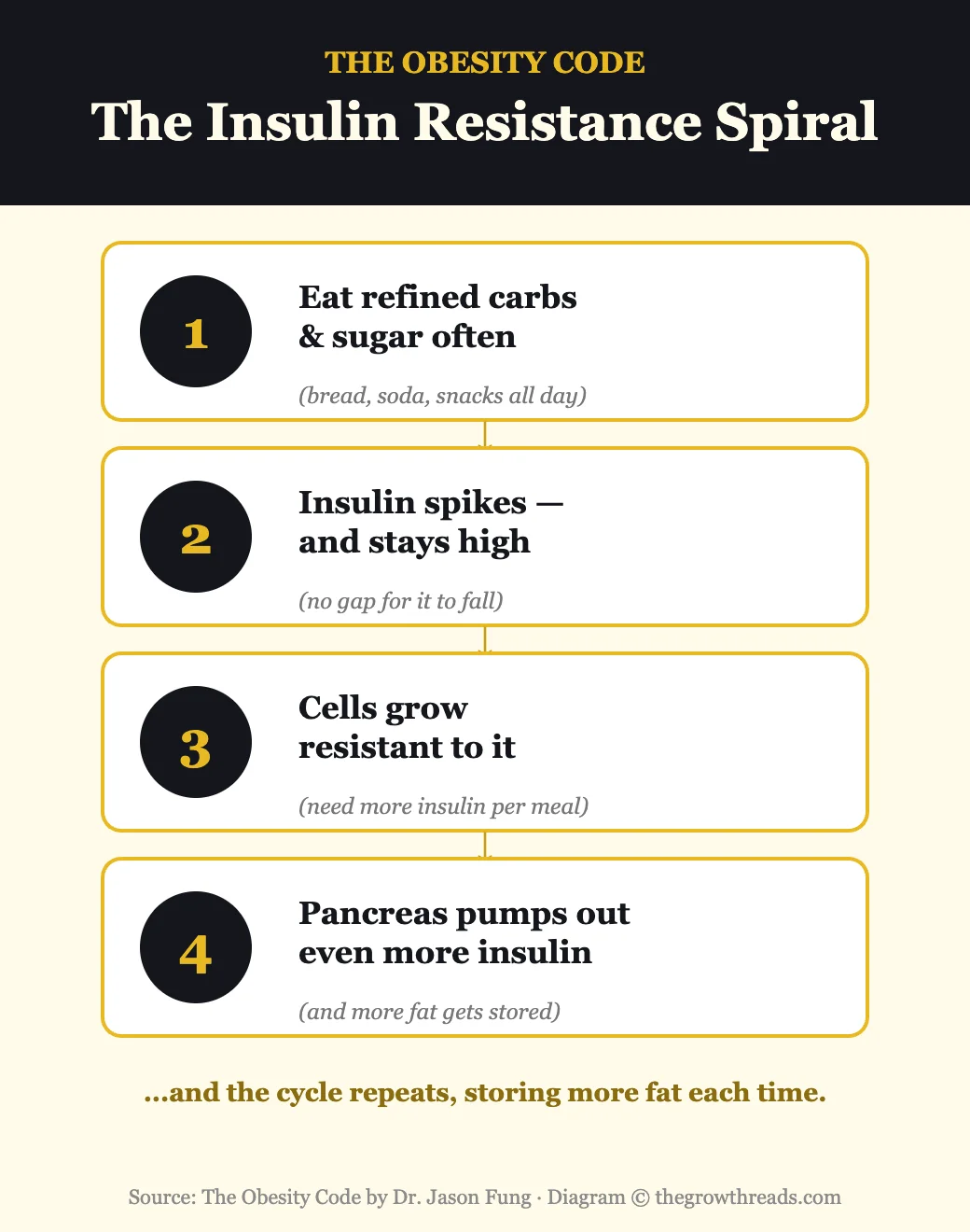 The insulin resistance spiral — a 4-step cycle diagram