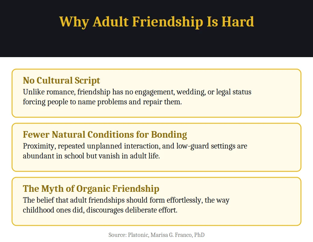 Infographic on why adult friendship is hard from the book Platonic
