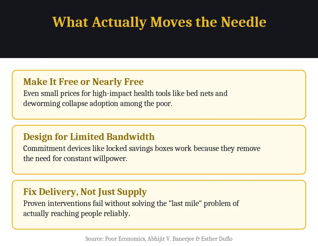 Infographic on what actually moves the needle from the book Poor Economics