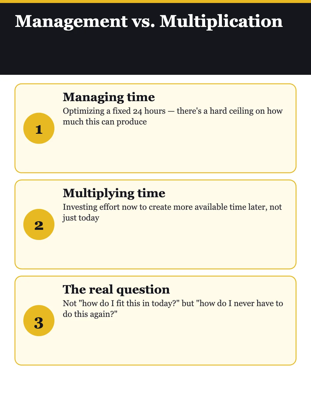 Time management versus time multiplication — the core distinction in Procrastinate on Purpose