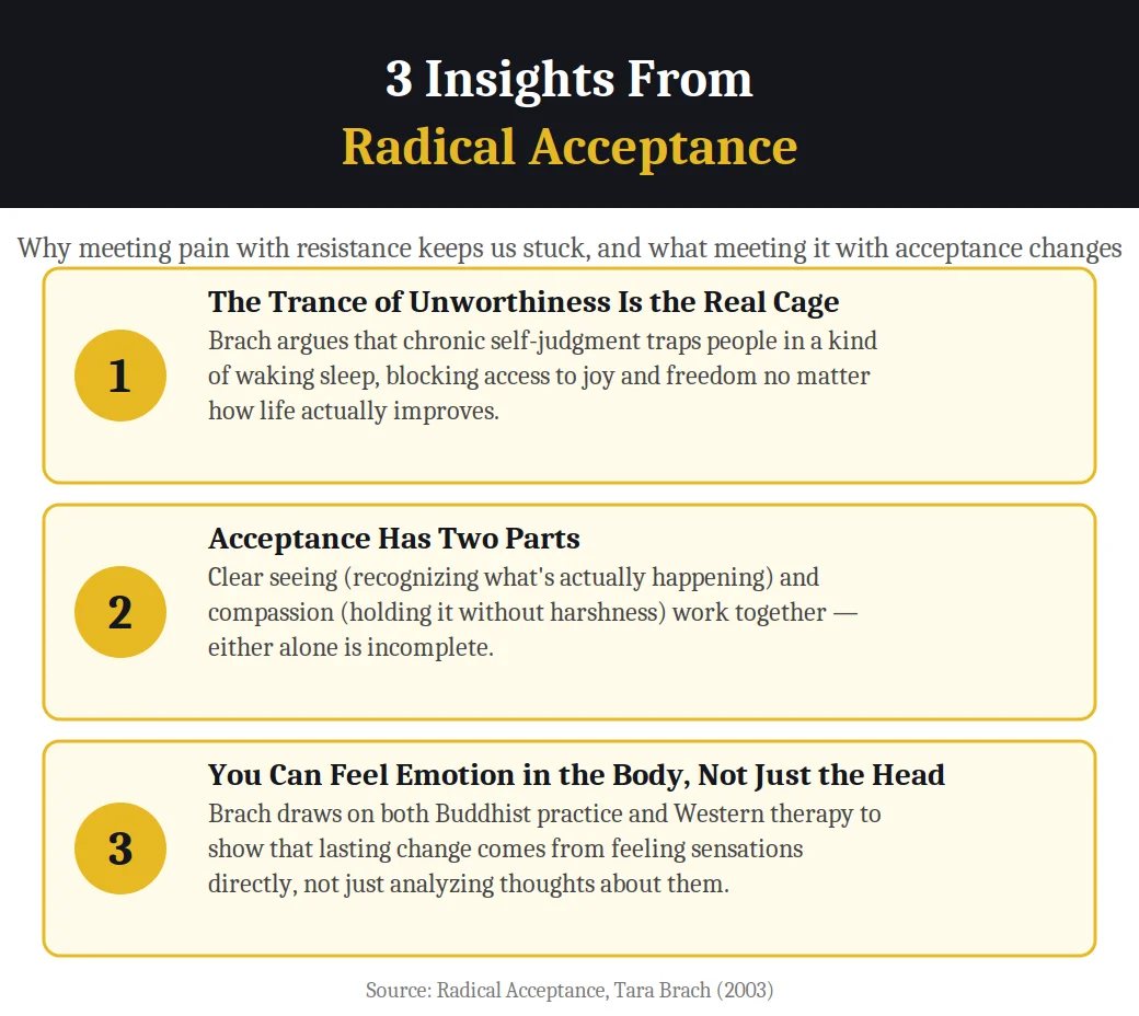 Infographic on 3 insights from Radical Acceptance by Tara Brach