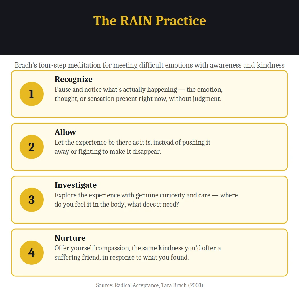 Infographic on the RAIN meditation practice from Radical Acceptance: Recognize, Allow, Investigate, Nurture