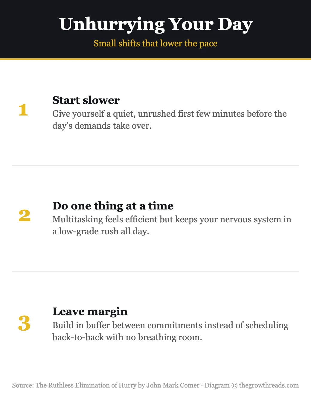 Small shifts to unhurry your day: start slower, do one thing at a time, leave margin