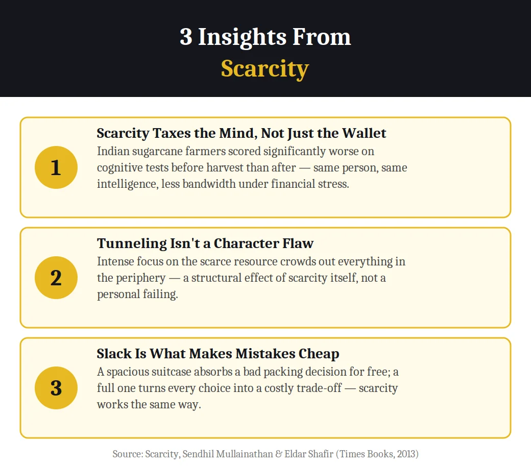 Infographic on 3 insights from Scarcity by Mullainathan and Shafir