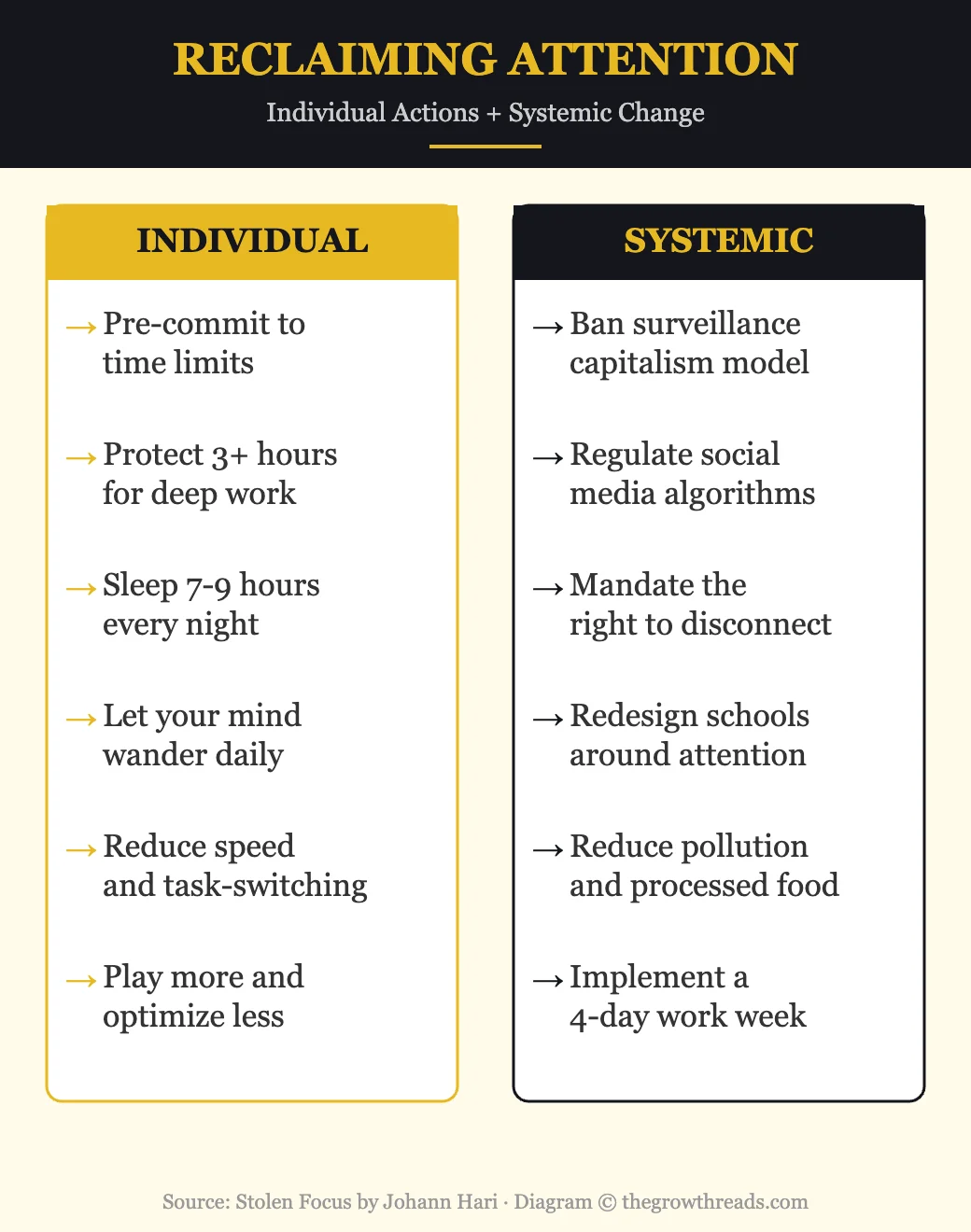 Individual vs systemic solutions for reclaiming attention from Stolen Focus by Johann Hari