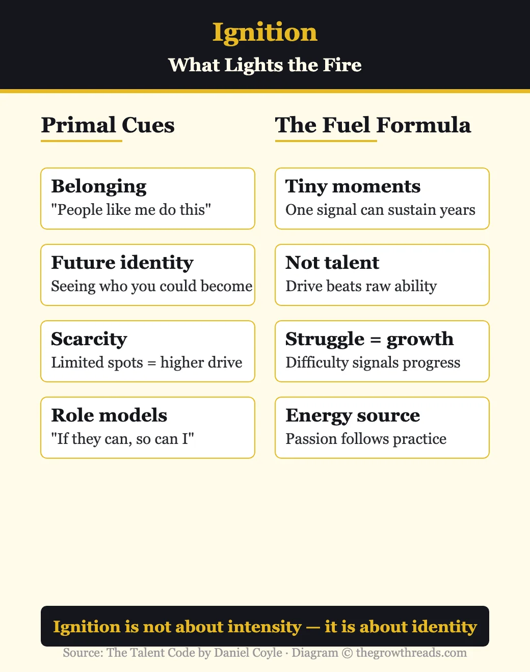 Ignition from The Talent Code: primal cues and fuel formula that light the fire of motivation