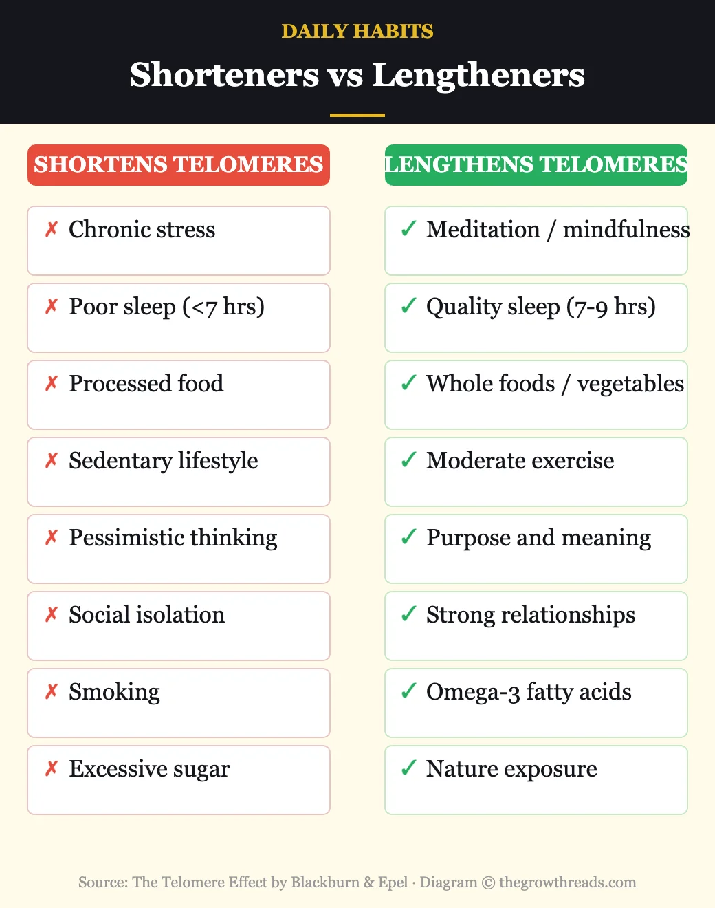 Telomere shorteners vs lengtheners — daily habits that age or protect your cells