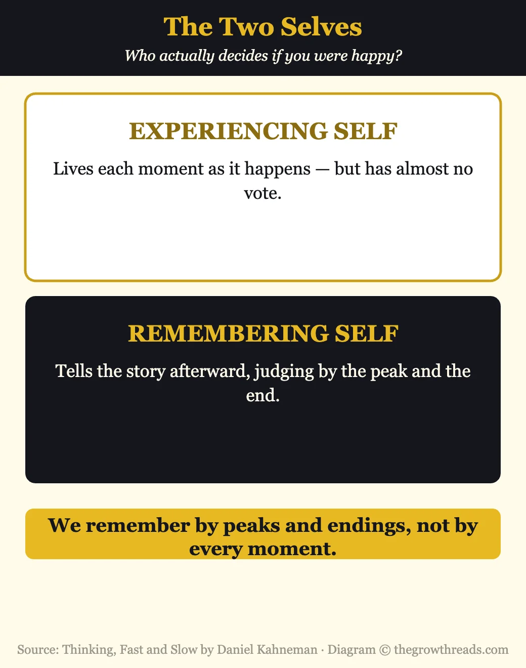 Infographic contrasting the experiencing self and remembering self from Thinking, Fast and Slow