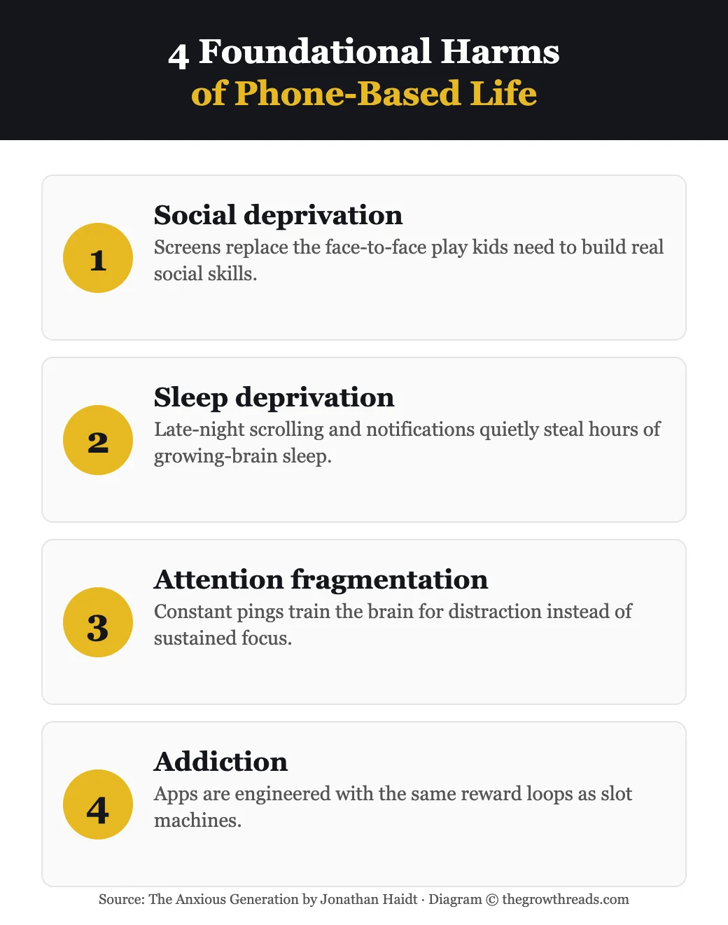 4 foundational harms of phone-based childhood infographic