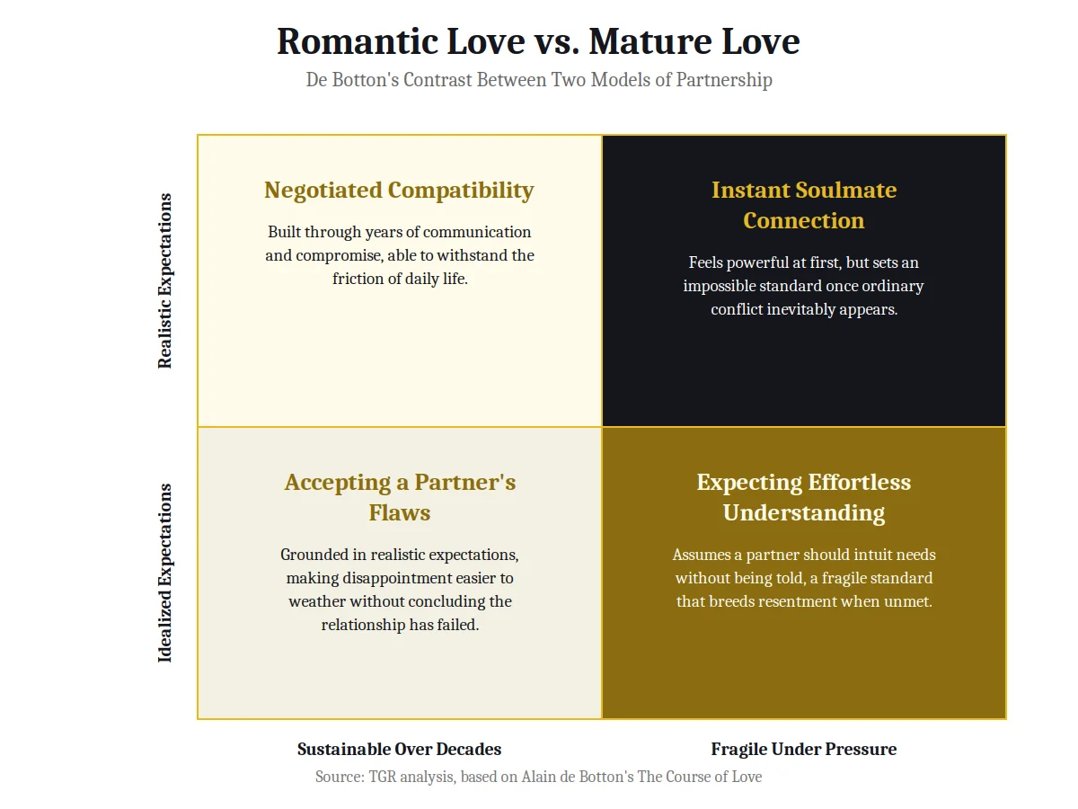 2x2 matrix chart on romantic love versus mature love from the book The Course of Love