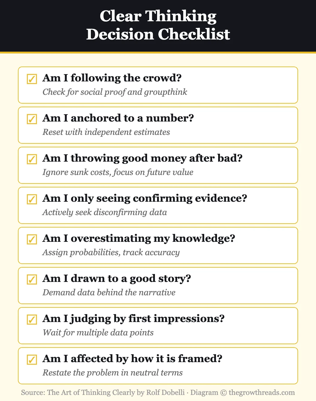 Clear thinking decision checklist with 8 bias checks