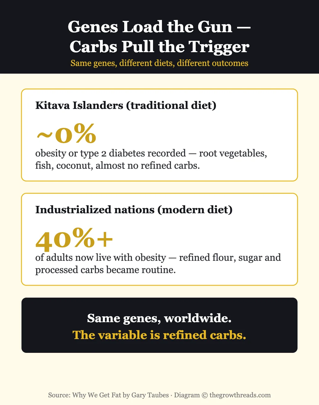 Diagram comparing obesity rates: Kitava islanders traditional diet vs industrialized modern diet from Why We Get Fat