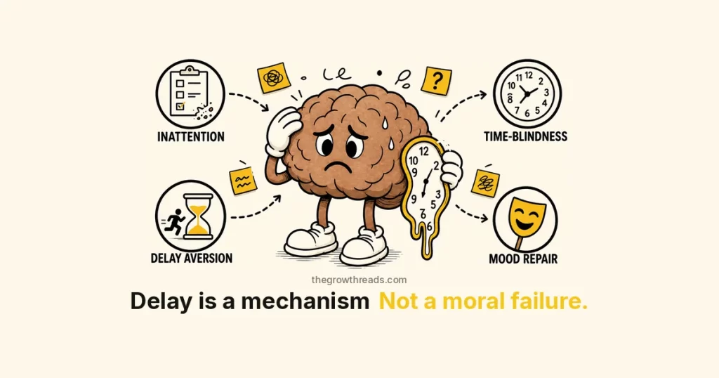 ADHD procrastination: delay is a mechanism — inattention, time-blindness, delay aversion, mood repair. Not a moral failure.