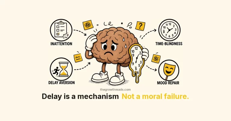 ADHD procrastination: delay is a mechanism — inattention, time-blindness, delay aversion, mood repair. Not a moral failure.