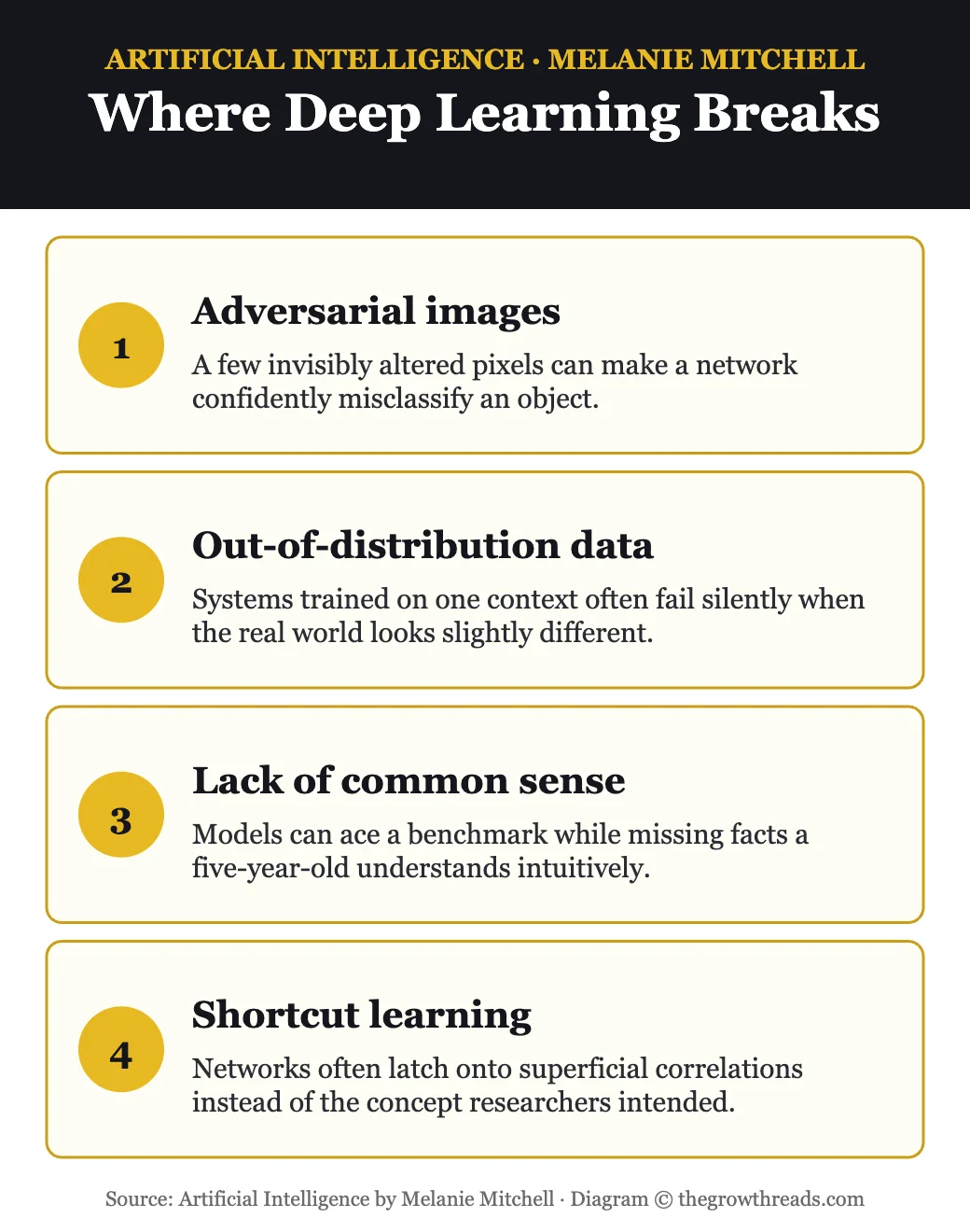Where deep learning breaks: adversarial images, out-of-distribution data, lack of common sense, shortcut learning