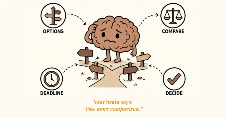 A worried cartoon brain stands at a crossroads with signposts, surrounded by four icons labeled Options, Compare, Deadline, and Decide, with the mustard caption Your brain says: One more comparison.