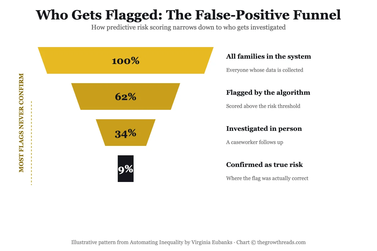 Who gets flagged — a false-positive funnel showing how few algorithmic flags in Automating Inequality are ever confirmed as true risk