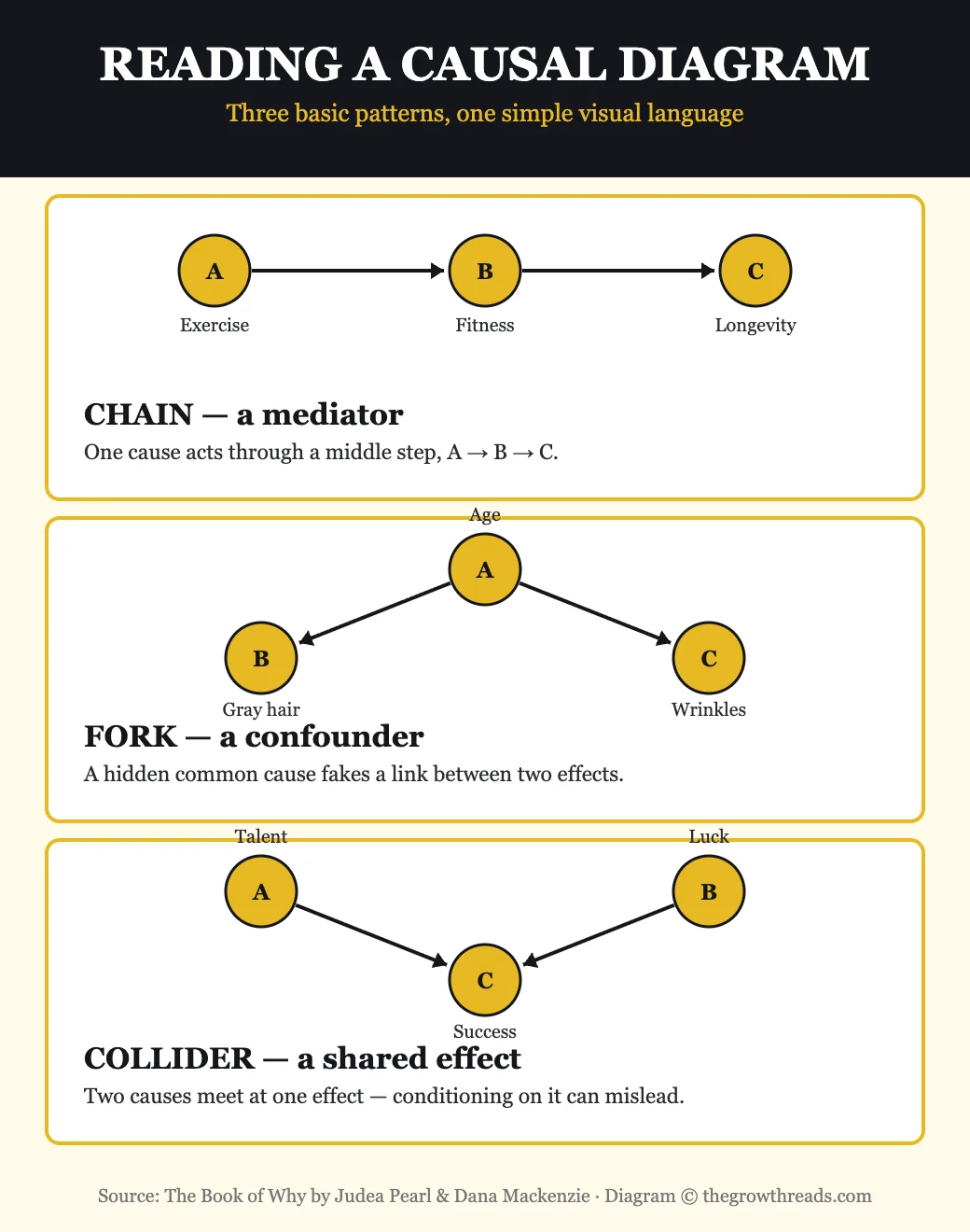 Causal diagrams explained — chain, fork, and collider patterns