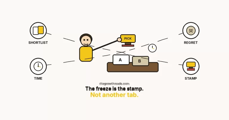 Cartoon featured image: a person hovering a yellow PICK stamp over folders A and B — decision paralysis is the freeze at commit, not another tab.