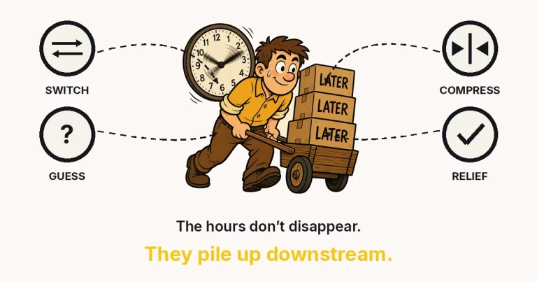 How does procrastination affect time management — The Growth Reads featured image: a character pulling a cart of LATER boxes past a spinning clock, with SWITCH, COMPRESS, GUESS and RELIEF rings.