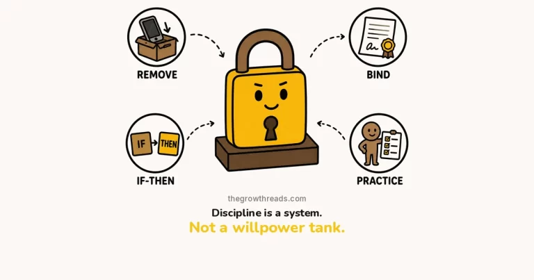 How to Build Discipline — The Growth Reads featured image: a cartoon padlock lock-in motif with REMOVE, BIND, IF-THEN and PRACTICE icon rings, captioned Discipline is a system. Not a willpower tank. thegrowthreads.com