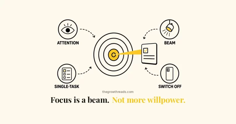 How to Focus Better — The Growth Reads featured image: a focus beam hitting one task, with attention, beam, single-task, and switch-off rings.