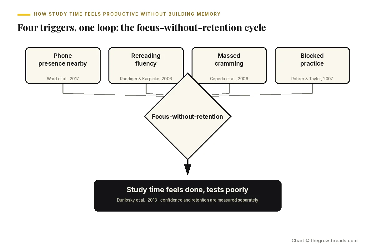 A landscape chart showing four triggers — phone presence, rereading fluency, massed cramming, and blocked practice — all funneling into a focus-without-retention loop that makes study time feel productive without building memory.
