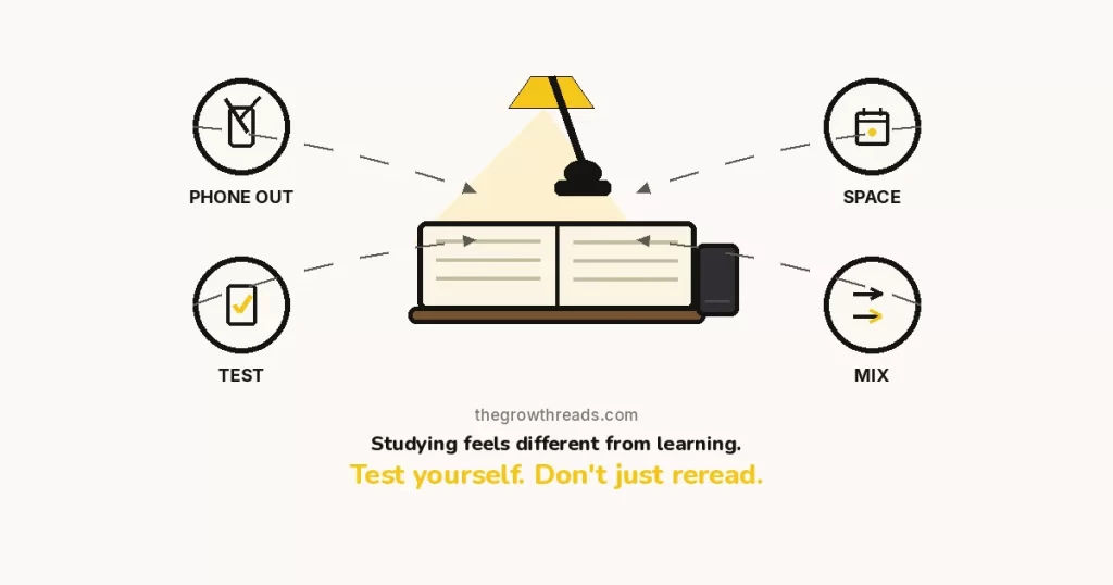 How to Focus While Studying — The Growth Reads featured image: a desk lamp beaming light onto an open book, with a phone left dark and ignored, plus phone-out, test, space, and mix rings.
