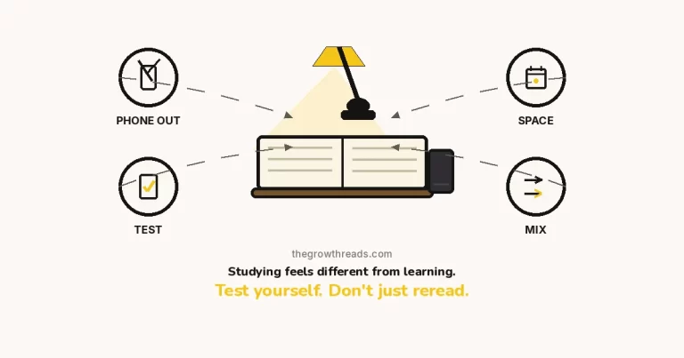 How to Focus While Studying — The Growth Reads featured image: a desk lamp beaming light onto an open book, with a phone left dark and ignored, plus phone-out, test, space, and mix rings.