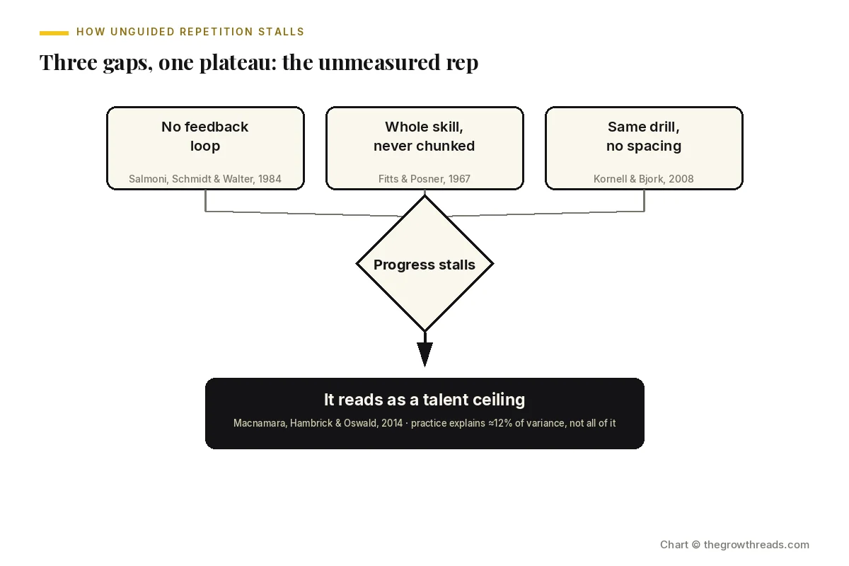 A landscape chart showing three gaps — no feedback loop, the whole skill practiced unchunked, and the same drill repeated without spacing — all funneling into a plateau that reads as a talent ceiling.